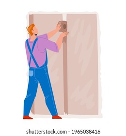 Drywall Installer Making Wall Renovation Vector. Builder Working And Finishing Install of Drywall. Character Construction Worker Building Professional Occupation Flat Cartoon Illustration