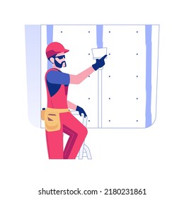 Drywall mudding and taping isolated concept vector illustration. Repairman deals with drywall taping, construction tool and equipment, private house building process vector concept.