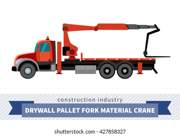 Drywall pallet fork material crane mounted on truck. Side view mobile crane isolated vector illustration