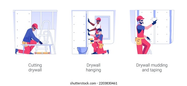 Drywalling service isolated concept vector illustration set. Cutting and hanging drywall, mudding and taping tool and equipment, construction services, private house building vector cartoon.