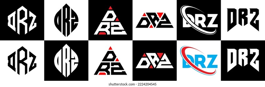 DRZ letter logo design in six style. DRZ polygon, circle, triangle, hexagon, flat and simple style with black and white color variation letter logo set in one artboard. DRZ minimalist and classic logo