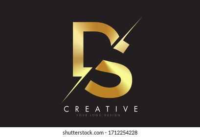 DS D S Golden Letter Logo Design with a Creative Cut. Creative logo design with Black Background.