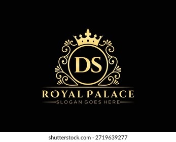 Plantilla inicial de logotipo dorado de lujo. Identidad de la marca del Palacio Real. Diseño de emblema heráldico y símbolo de moda