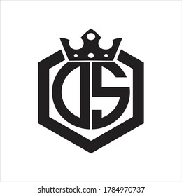 Monograma del logotipo DS redondeado por forma hexagonal con plantilla de diseño de la corona sobre fondo blanco