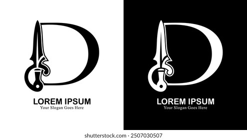 D-förmiges Logo-Design kombiniert mit einem Schwert 