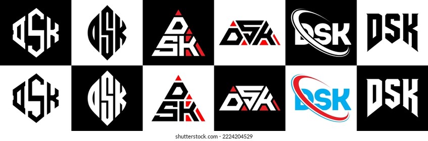DSK letter logo design in six style. DSK polygon, circle, triangle, hexagon, flat and simple style with black and white color variation letter logo set in one artboard. DSK minimalist and classic logo
