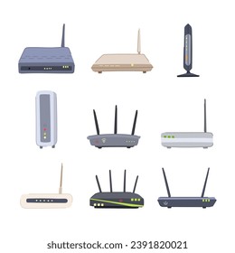 dsl modem set cartoon. router communication, wireless web, wlan a dsl modem sign. isolated symbol vector illustration