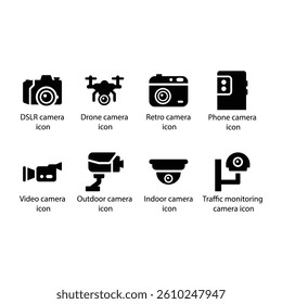 DSLR camera, Drone camera, Retro, Phone camera, Video, Outdoor, Indoor, Traffic monitoring, Black icon Set