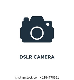 DSLR Camera icon. Black filled vector illustration. DSLR Camera symbol on white background. Can be used in web and mobile.