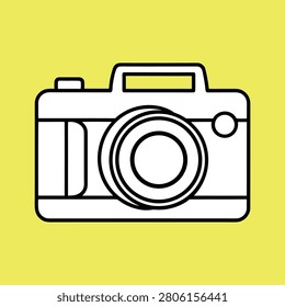 DSLR Camera icon, monochrome line art vector on a yellow background.