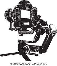 DSLR Camera on Gimbal Stand Silhouette Vector, Camera on Gimbal Stand Photography Gear, Modern DSLR Camera on Stand Photography Equipment Silhouette