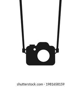 DSLR and camera on the strap. Device, tool and equipment for taking photo and shooting photograph. Vector illustration isolated on white.