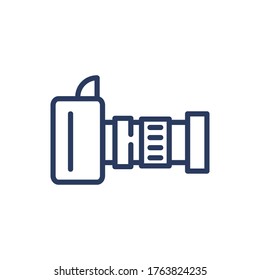 DSLR camera with optic lens thin line icon. Focal objective, telephoto lens isolated outline sign. Photography, technology, equipment concept. Vector illustration symbol element for web design