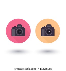 DSLR camera round flat icon on white, vector illustration