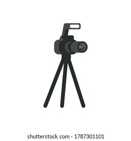 DSLR camera semi flat RGB color vector illustration. Digital photo camera on small tripod isolated cartoon object on white background. Professional photographic equipment for blogging, video recording