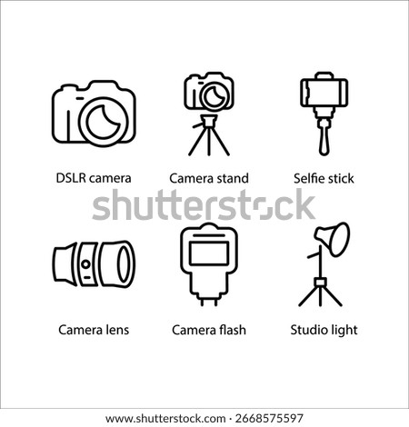 DSLR camera, Camera stand, Selfie stick, Camera lens, Camera flash, Studio light, icon, Line icon Set