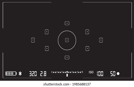 Dslr camera viewfinder display with battery, ISO, shutter speed, aperture, and lightmeter. AF Modes and AF zone Modes. Vector illustration.