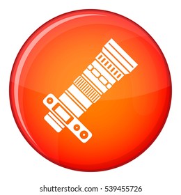 Dslr camera with zoom lens icon in red circle isolated on white background vector illustration