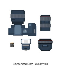 DSLR digital camera and accessories. Camera lenses, flash and memory card. Flat vector illustration.