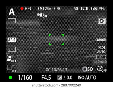 DSLR mirrorless camera rec overlay. Recorder cam display frame. Video or photo recording screen. CCTV black and white glitch effect filter. Viewfinder cam layout template. Vector illustration