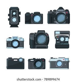 Dslr photo cameras. Vector set in cartoon style. Photo camera and photography equipment illustration