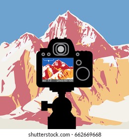 DSLR reflex camera photographing with on screen live image of mountain landscape, vector illustration