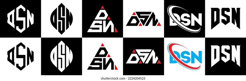DSN letter logo design in six style. DSN polygon, circle, triangle, hexagon, flat and simple style with black and white color variation letter logo set in one artboard. DSN minimalist and classic logo