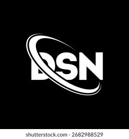 Logotipo de DSN. Carta DSN. Diseño del logotipo de la letra DSN. Logotipo de DSN inicial vinculado con el círculo y el logotipo del monograma en mayúsculas. Tipografía DSN para tecnología, negocio y marca inmobiliaria.