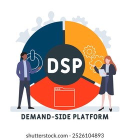 DSP - sigla de plataforma do lado da demanda. plano de fundo do conceito de negócios. conceito de ilustração vetorial com palavras-chave e ícones. ilustração de letras com ícones para banner da Web, folheto, página inicial