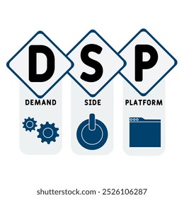DSP - demand side platform acronym. business concept background. vector illustration concept with keywords and icons. lettering illustration with icons for web banner, flyer, landing pag