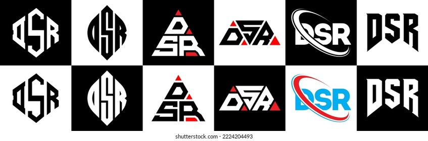 DSR letter logo design in six style. DSR polygon, circle, triangle, hexagon, flat and simple style with black and white color variation letter logo set in one artboard. DSR minimalist and classic logo