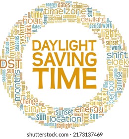 DST - Daylight Saving Time word cloud conceptual design isolated on white background.