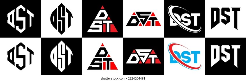 Diseño del logotipo de la letra DST en seis estilos. Polígono DST, círculo, triángulo, hexágono, de estilo plano y sencillo con el logotipo de la letra de variación en color blanco y negro en un tablero. Logo minimalista y clásico de DST