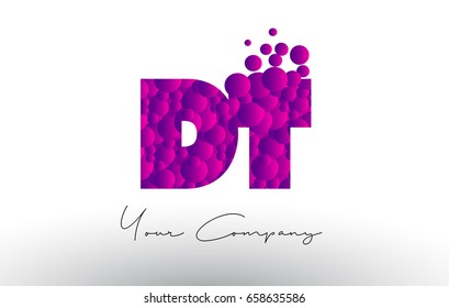 DT D T Dots Letter Logo with Purple Pink Magenta Bubbles Texture Vector.