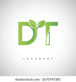 Logotipo de la hoja verde de DT - monograma ecológico mínimo para la marca orgánica y el diseño sostenible de la identidad