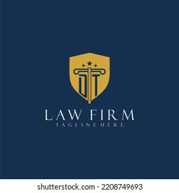 Logo inicial de la firma de abogados monograma DT con diseño de pilar y escudo