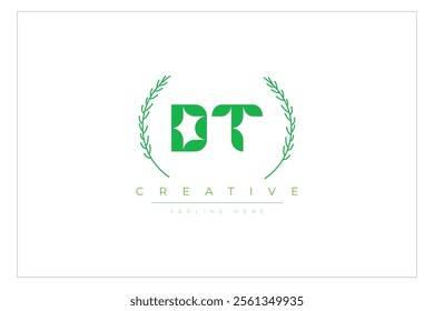 DT letters eco logo with leaf. Fresh nature and healthy leaf logo design.