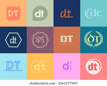 DT logo company template. Letter d and t logotype. Set different classic serif lettering and modern bold text with design elements. Initial font typography. Collection trendy business identity.