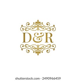 DT logo with gold ornament. Initials D ampersand T for business partner or wedding symbol