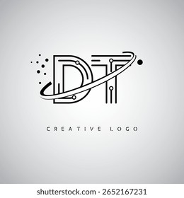 Logotipo do Monograma da Órbita DT - Marca de Letra Mínima Futurista com Linha de Arte Circular, Pontos Inspirados na Tecnologia e Conceito de Movimento Espacial para Identidade de Marca Moderna