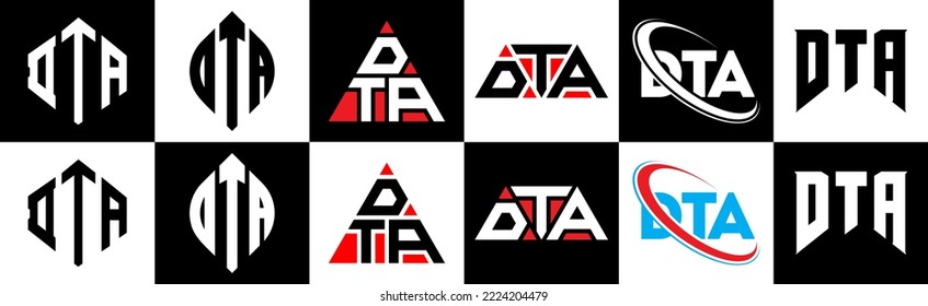 DTA letter logo design in six style. DTA polygon, circle, triangle, hexagon, flat and simple style with black and white color variation letter logo set in one artboard. DTA minimalist and classic logo