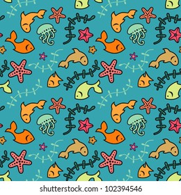 Dtcorative seamless pattern with fishes and marine life