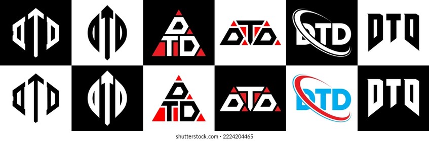 Diseño del logotipo de la letra DTD en seis estilos. Polígono DTD, círculo, triángulo, hexágono, estilo plano y sencillo con el logotipo de la letra de variación en color blanco y negro en un tablero. Logo minimalista y clásico de DTD