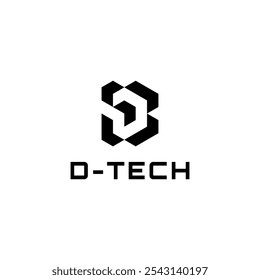 Diseño de Logo de D-Tech. Este elegante logotipo presenta una letra estilizada "D" que forma una estructura tridimensional en forma de cubo, acompañada del texto "D-TECH" en negrita y mayúsculas. El monocromo