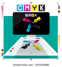 DTP - Desktop Publishing Concept With Computer , Printerd Paper And CMYK Symbol - Vector