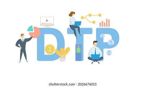 DTP, Desktop Publishing. Concept with keyword, people and icons. Flat vector illustration. Isolated on white.