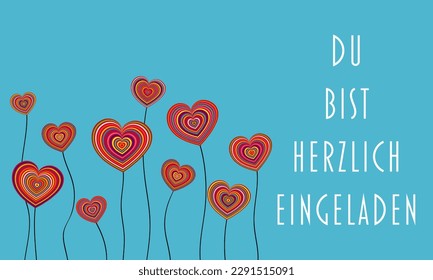 Du bist herzlich eingeladen - texto alemán - Estás cordialmente invitado. Tarjeta de invitación con coloridas flores del corazón.