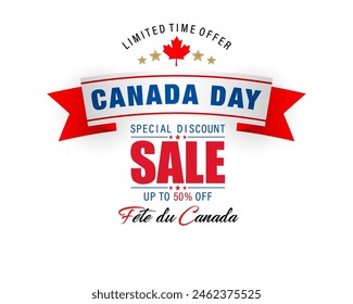 Fête du Canada=Canada Day
Holiday design, background with handwriting, maple leaf and national flag colors for Canada National day celebration, sales and commercial events; Vector illustration.