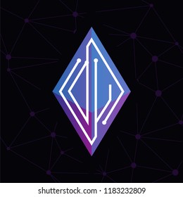 DU Initial letter block chain logo icon vector template. Looping mono line circuit letter on rhombus cube logo