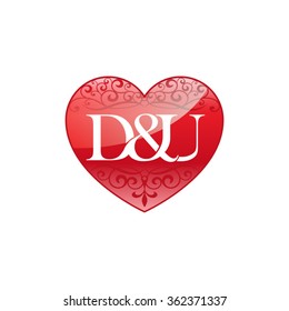 D&U initial letter couple logo with ornament heart shape